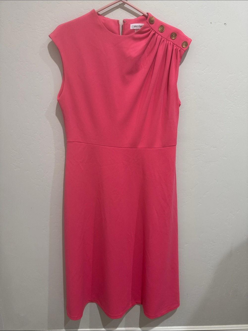 Calvin Klein Hot Pink Sleeveless Gathered-Shoulder Dress with Gold Buttons